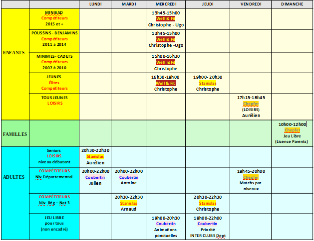 Créneaux Horaires | badminton-nancy-villers.fr
